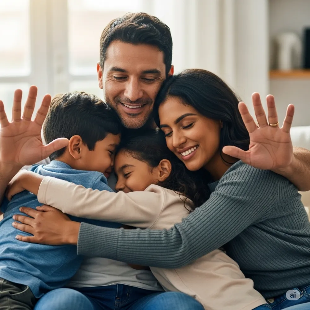 Una familia de padre, madre y dos niños se abraza sonriente en casa